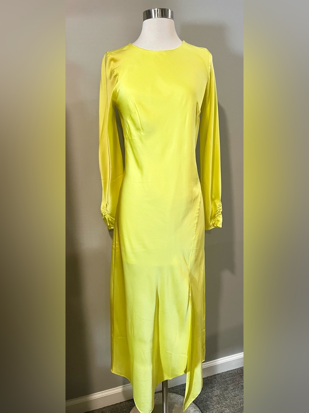 Chartreuse Long Sleeve Satin Midi Dress